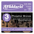 3 Sets Phosphor Bronze Acoustic Guitar Strings, Custom Light, With Free Pick Holder